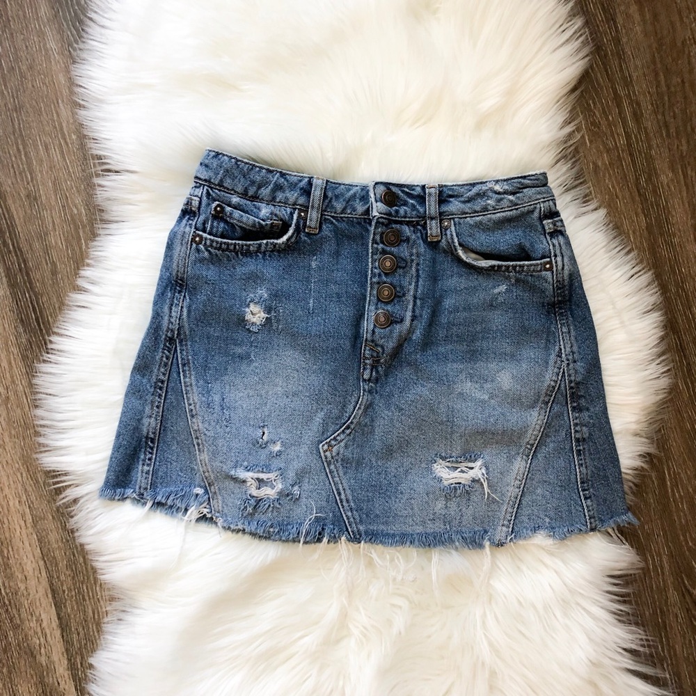 Free People Blue Distressed Denim Mini Skirt